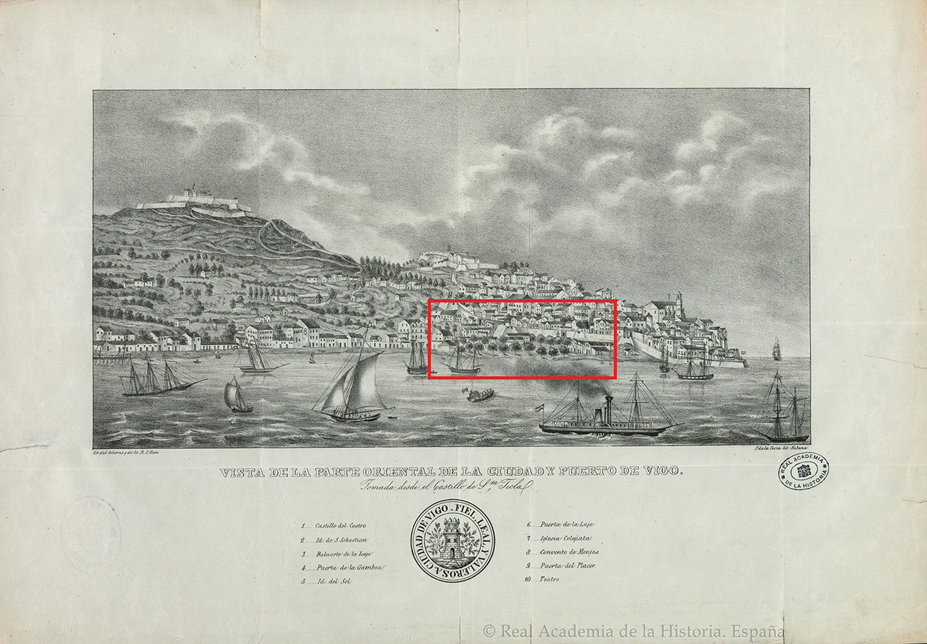 Litografía antigua de la vista oriental de Vigo y su puerto desde el Castillo de Santa Tecla