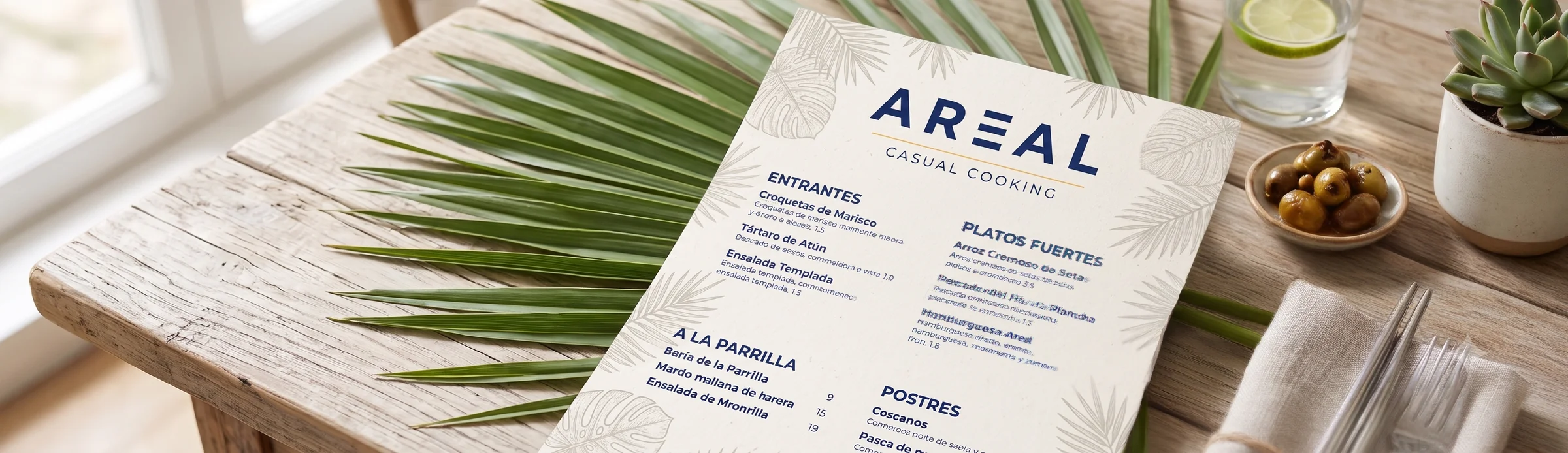 Carta de menú con el logotipo AREAL Casual Cooking sobre una mesa de madera con hojas de palmera