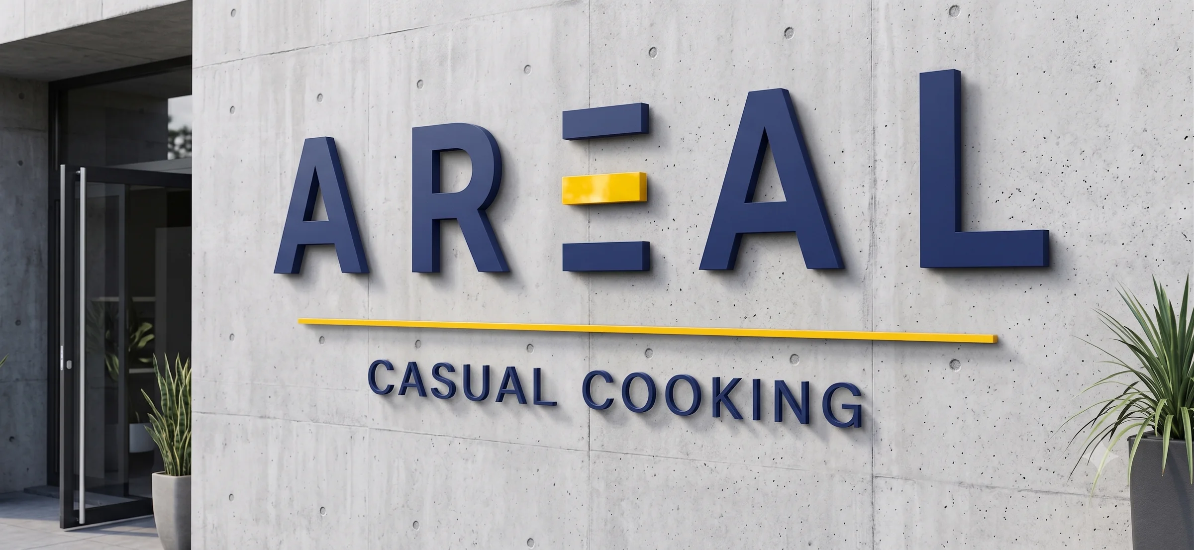 Rótulo tridimensional AREAL Casual Cooking en la fachada de hormigón de un local, con la Ξ en dorado