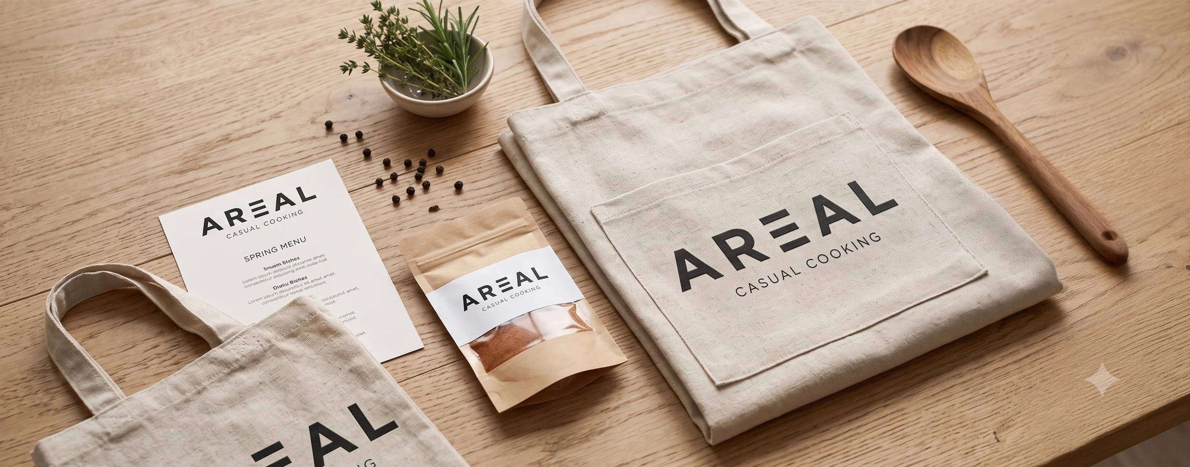 Bolsas de tela, bolsa de packaging y carta con el logotipo AREAL Casual Cooking sobre una mesa de madera