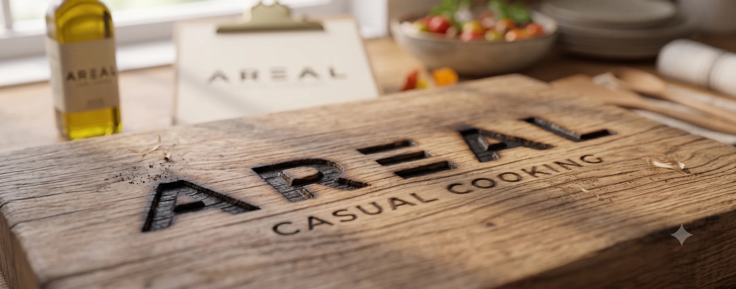 Logotipo AREAL Casual Cooking grabado a fuego sobre una tabla de madera de cocina