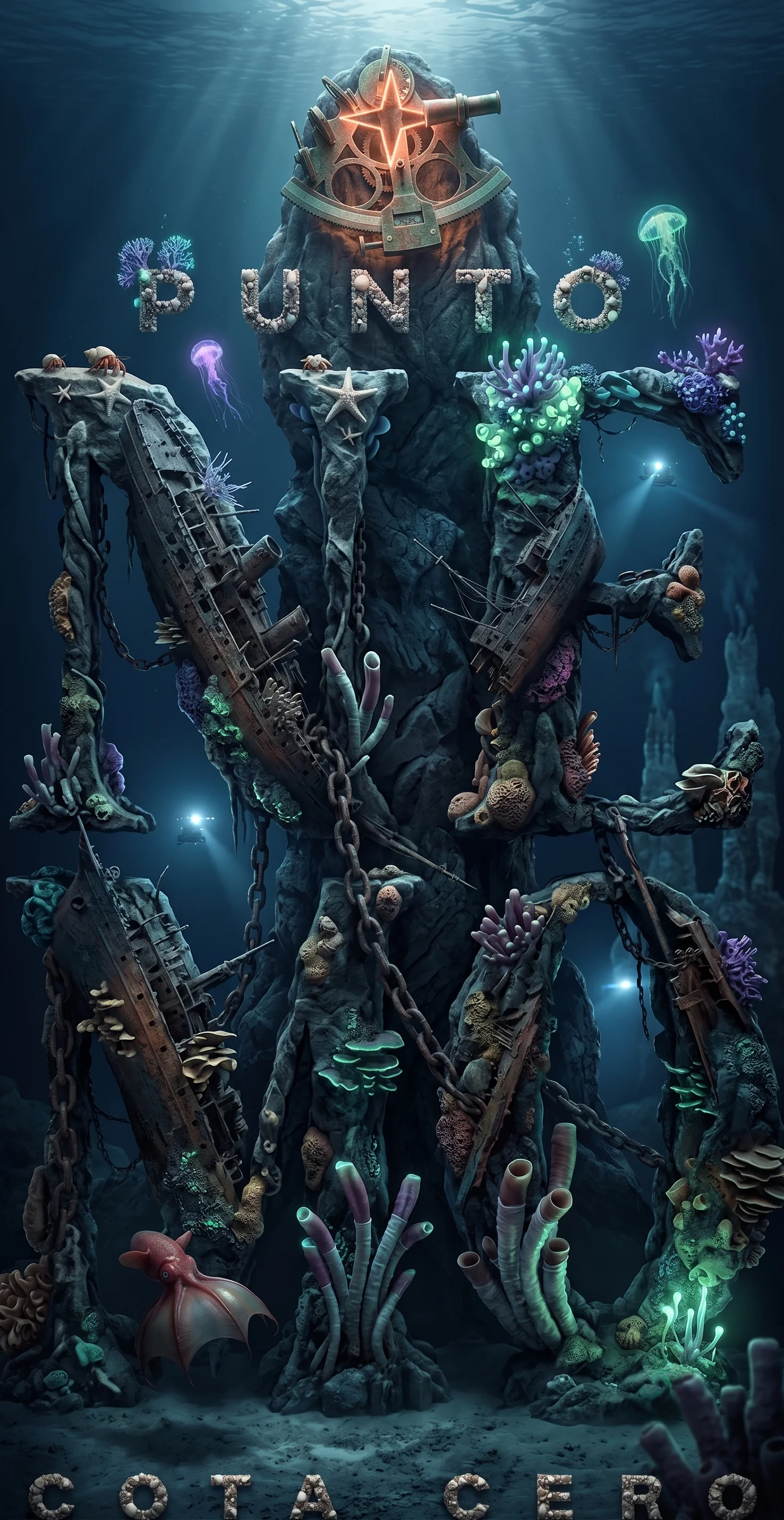 Ilustración conceptual submarina donde el logotipo Punto Nemo Cota Cero está formado por restos de naufragios, coral y criaturas marinas