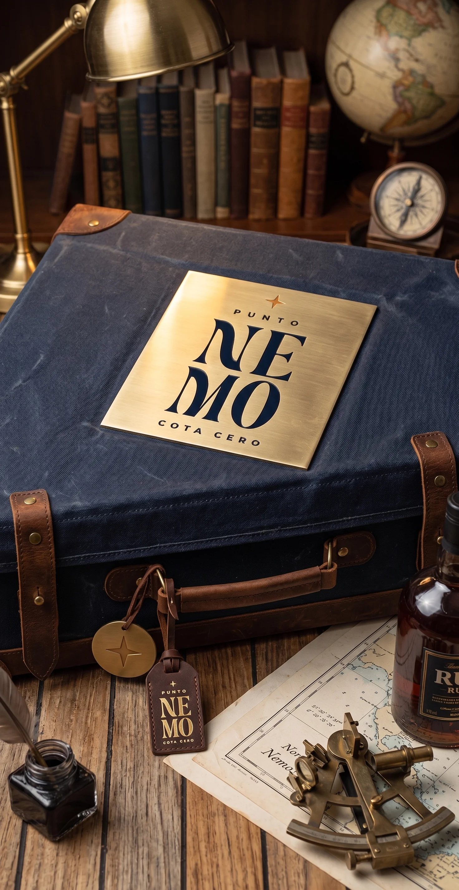 Maleta de viaje vintage de lona azul con placa de latón grabada y colgante de cuero con el logotipo Punto Nemo Cota Cero