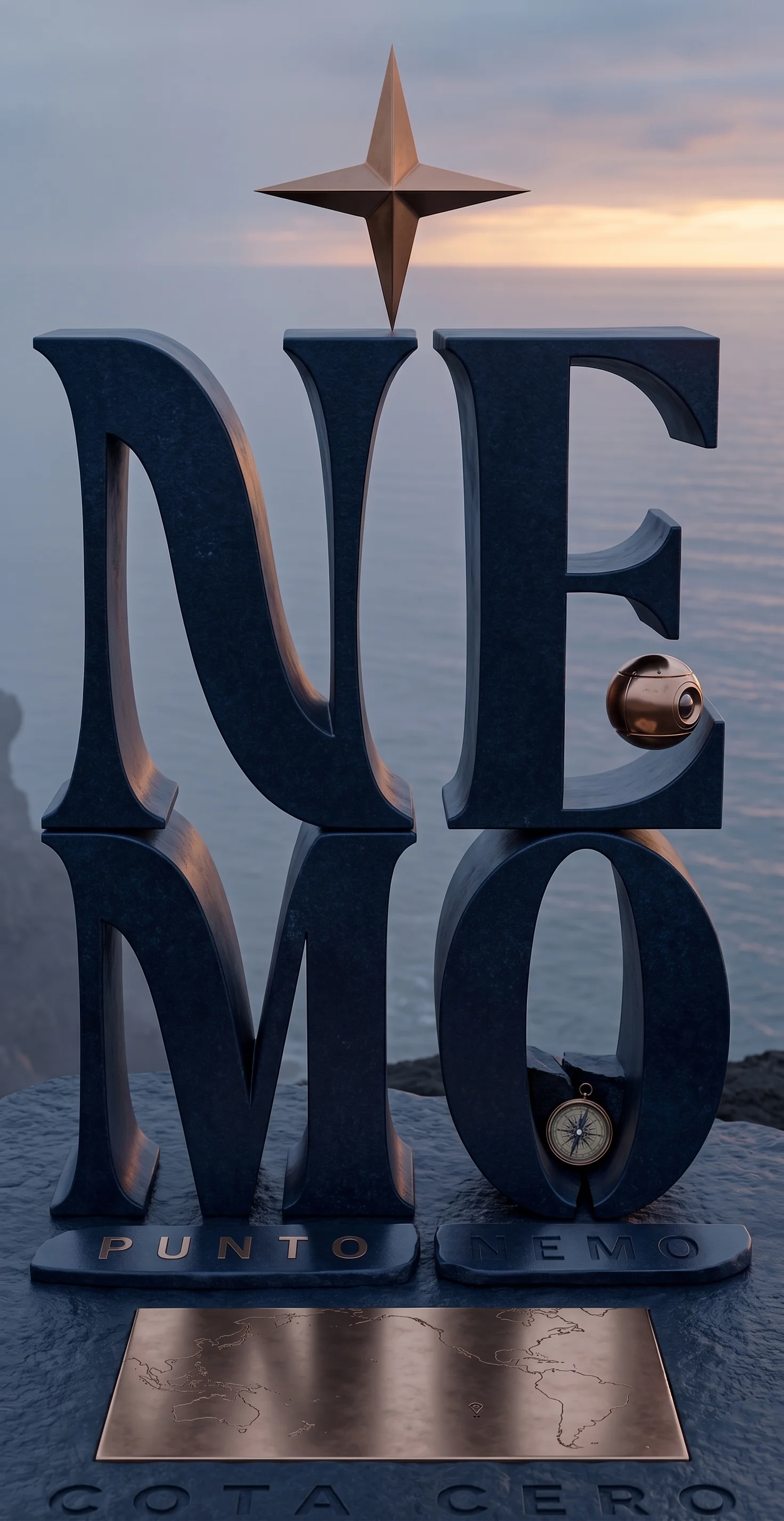 Estudio escultórico en 3D del logotipo Punto Nemo Cota Cero como monumento de piedra sobre un acantilado al atardecer