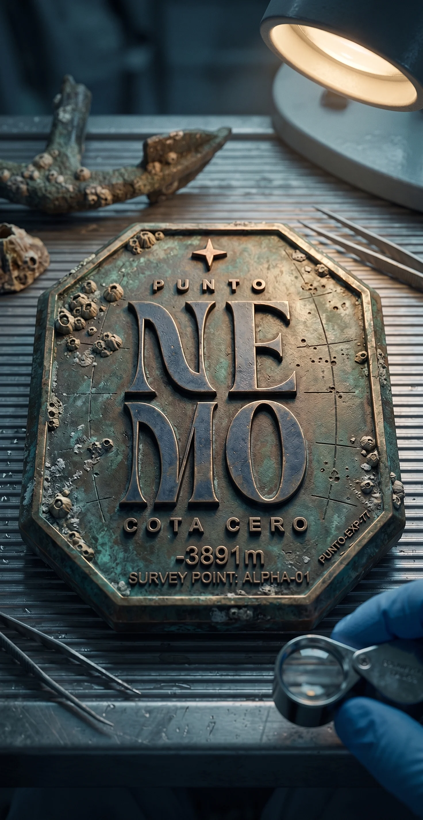 Placa de bronce envejecido con textura de artefacto recuperado del mar, con el logotipo Punto Nemo Cota Cero
