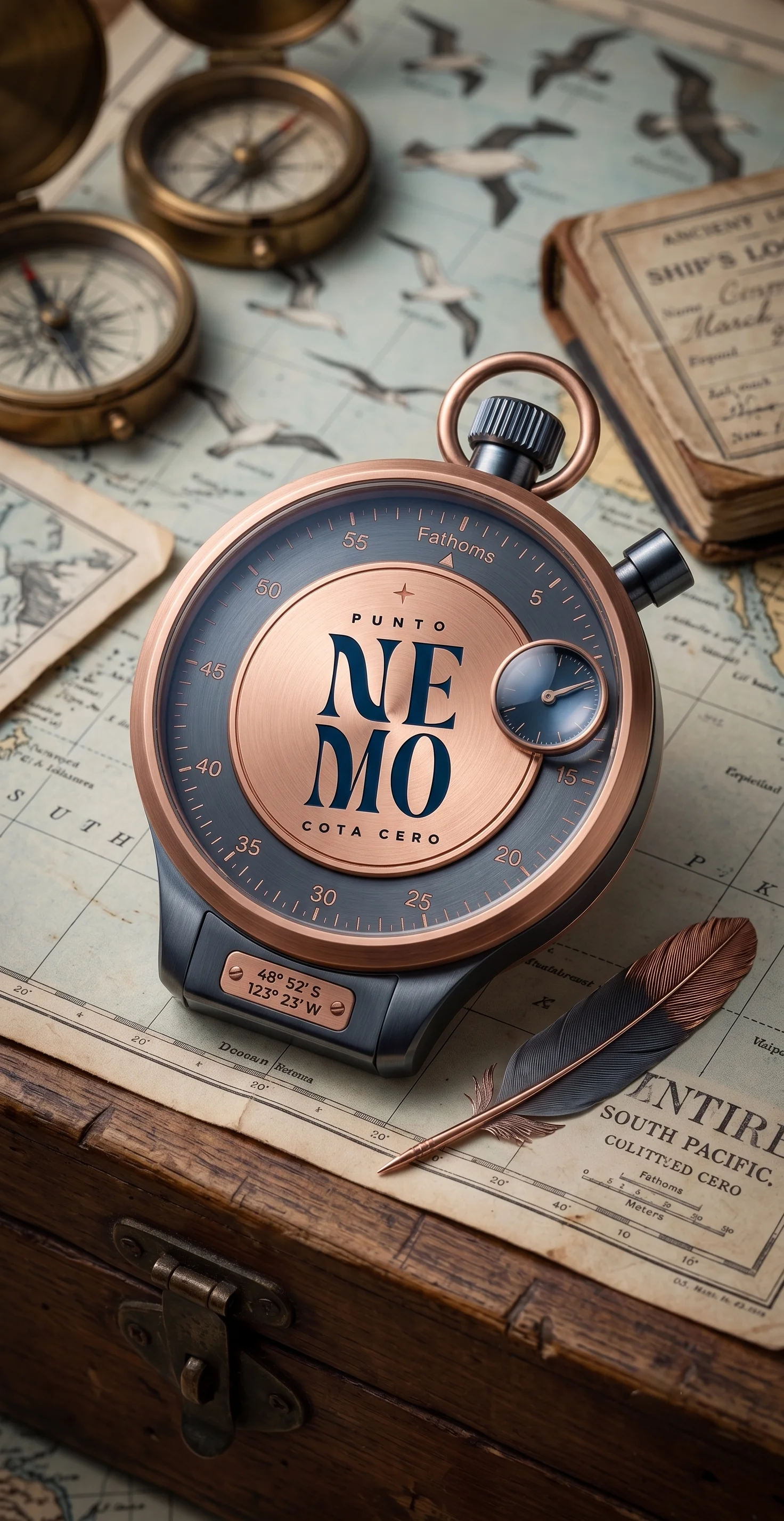 Instrumento náutico de bolsillo con esfera de cobre, el logotipo Punto Nemo Cota Cero y coordenadas grabadas, sobre un mapa antiguo