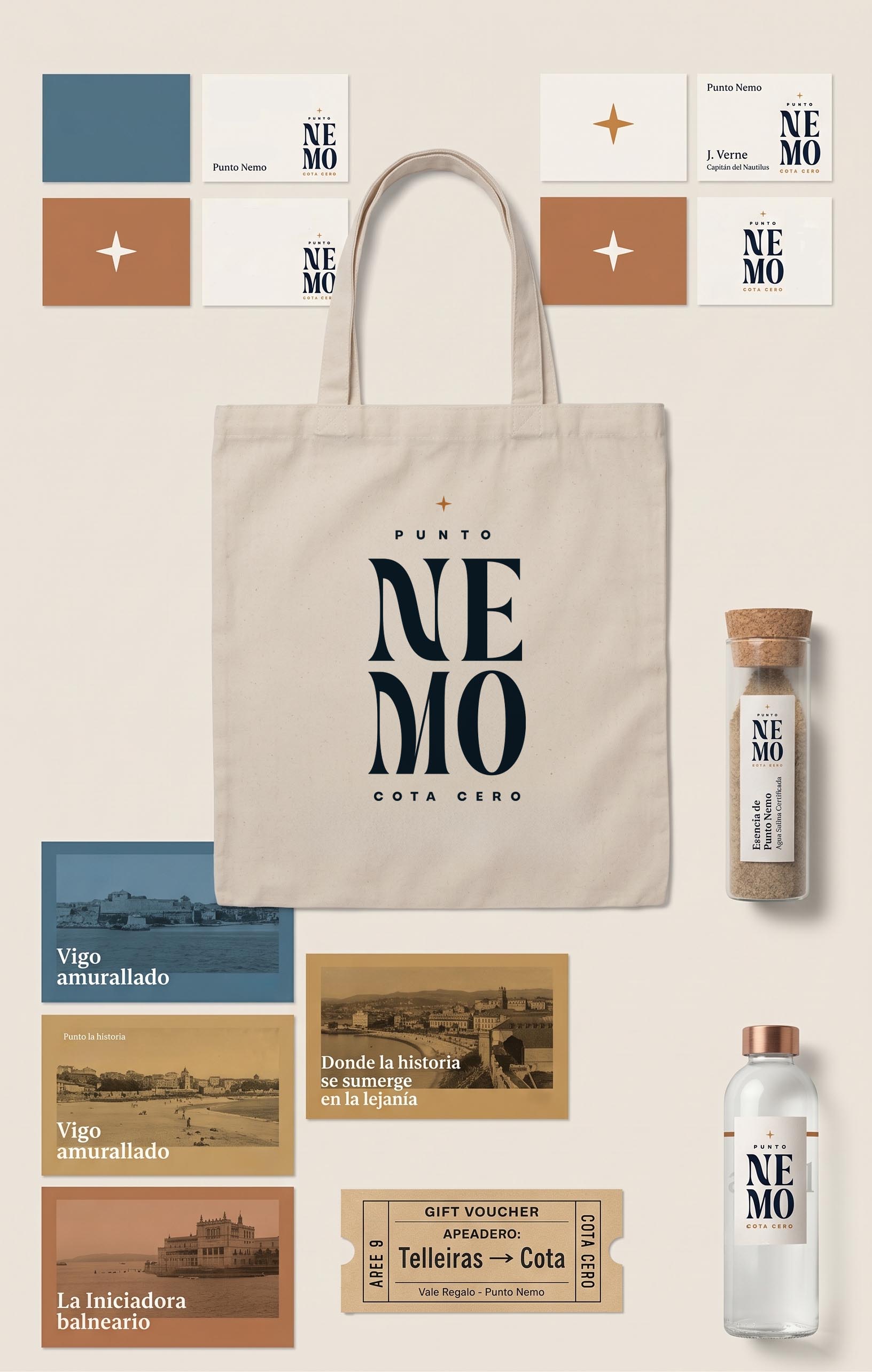 Moodboard de aplicaciones de marca Punto Nemo Cota Cero: tarjetería, bolsa de tela, frasco de arena, botella de agua, postales y vale regalo
