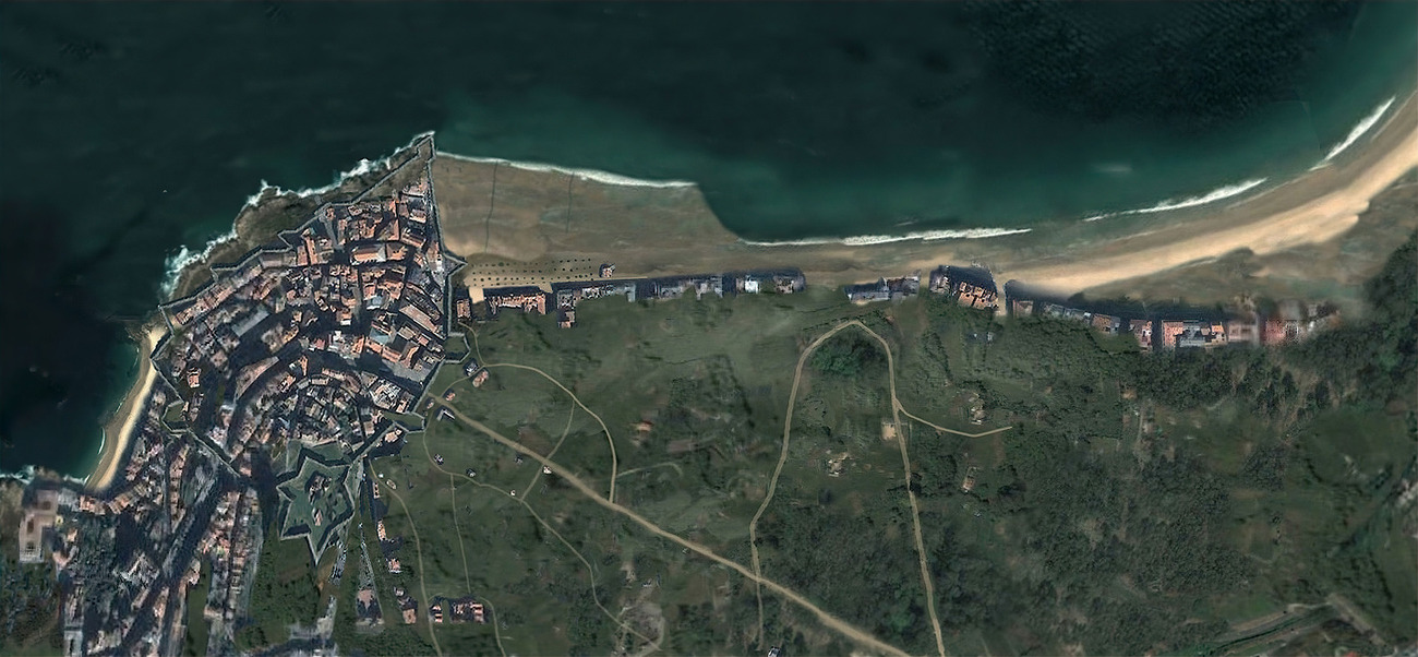 Recreación aérea de Vigo amurallado junto a su playa en media luna en 1856