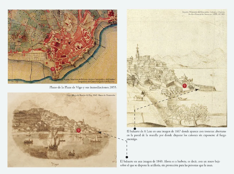 Panel con imágenes históricas del baluarte de A Laxe entre 1667 y 1855