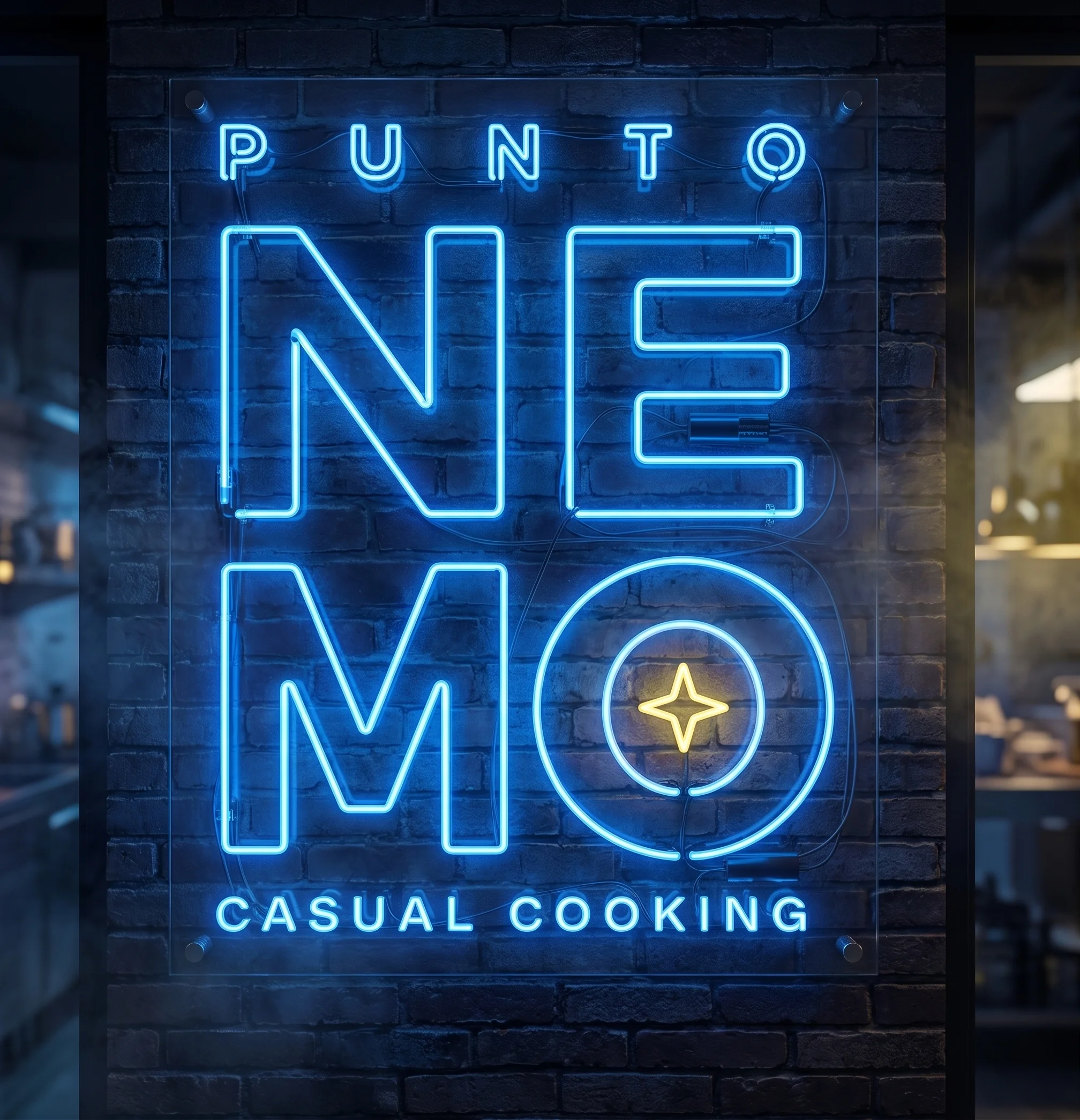 Rótulo de neón con el logotipo Punto Nemo sobre pared de ladrillo