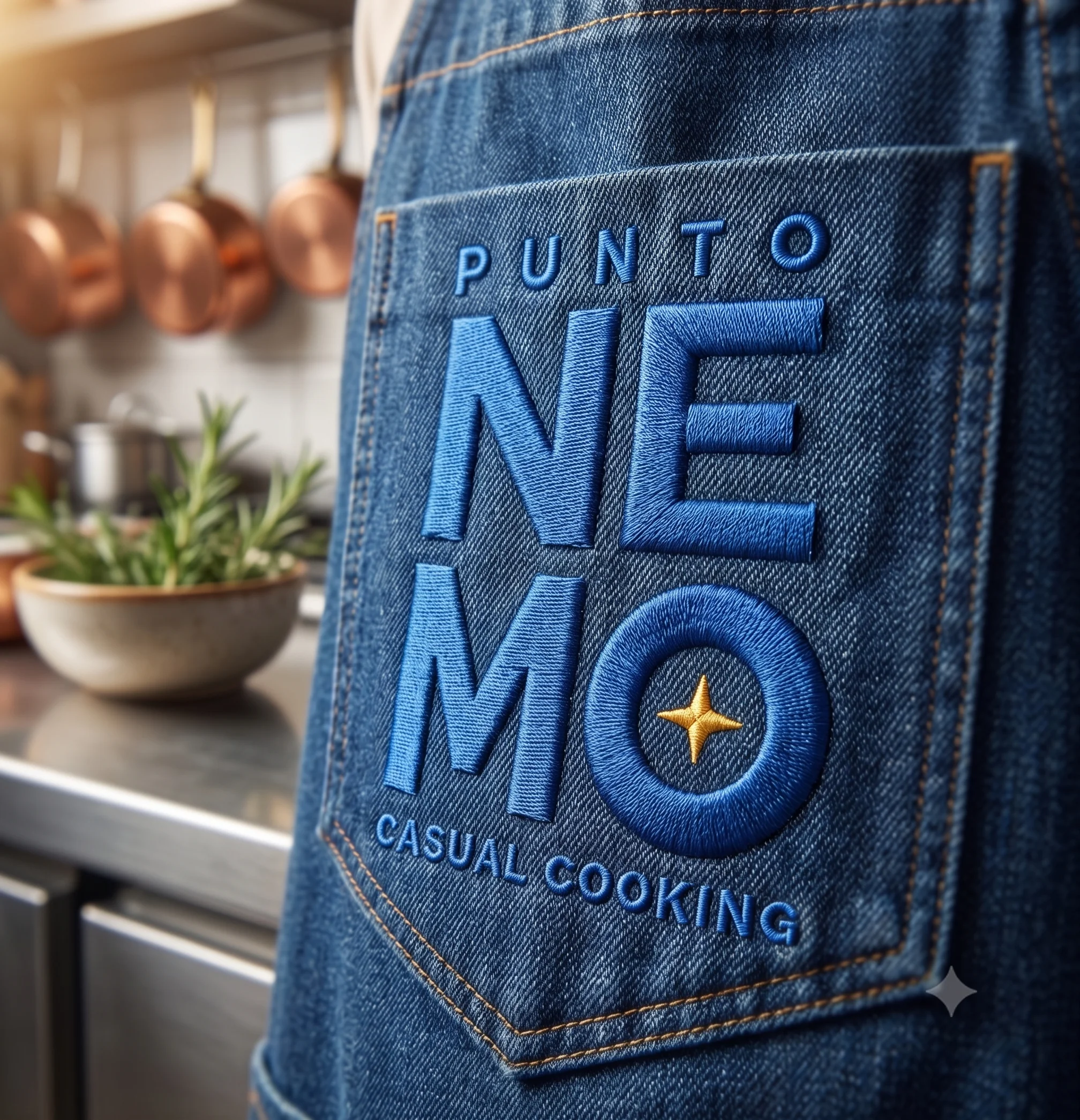 Bordado del logotipo Punto Nemo en el bolsillo de un delantal de cocina