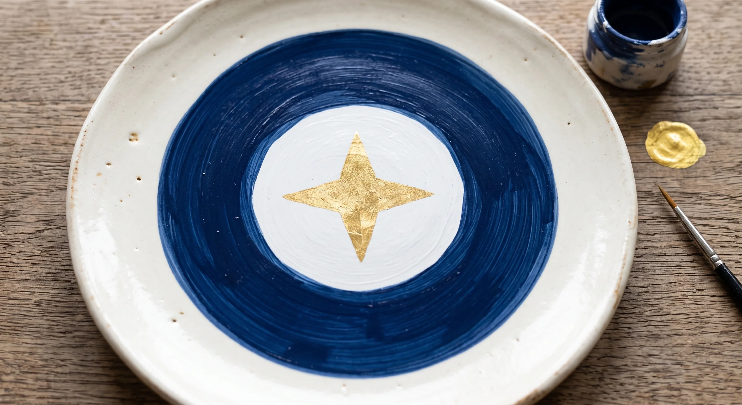 Plato de cerámica pintado a mano con la estrella Punto Nemo en azul y pan de oro