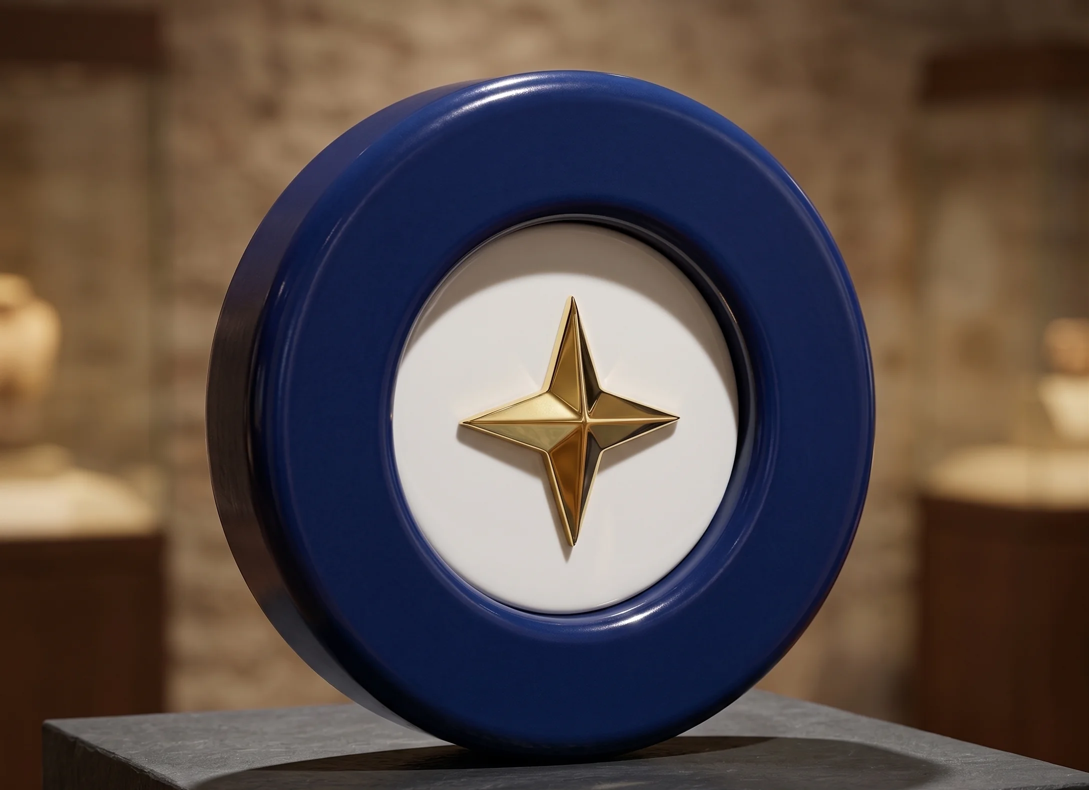 Sello escultórico de la estrella Punto Nemo, cerámica azul esmaltada con estrella de latón dorado